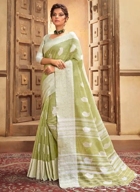 Pista Colour ASHIKA CHIKANKARI BUTTA Cotton Linen With Resham Work Designer Saree Collection CB 01